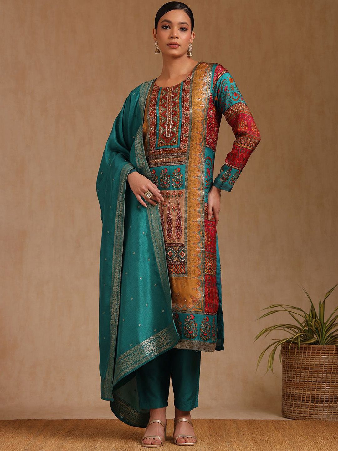 Dhiyona SO Women's Ethnic Motifs Printed Mirror Work Straight Kurta With Trouser And Dupatta