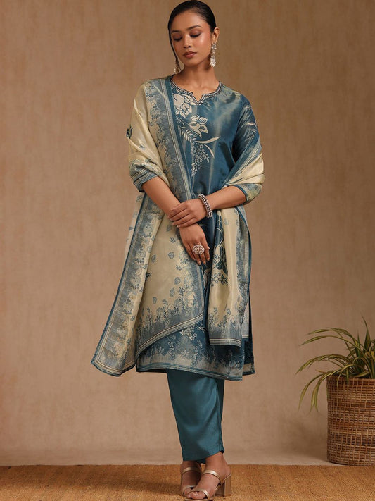 Dhiyona SO Women's Women Floral Printed Regular Mirror Work Kurta with Trousers & With Dupatta