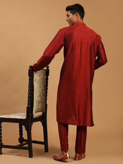 Men's Maroon Viscose Straight Kurta  Pyjama & Dupatta Set