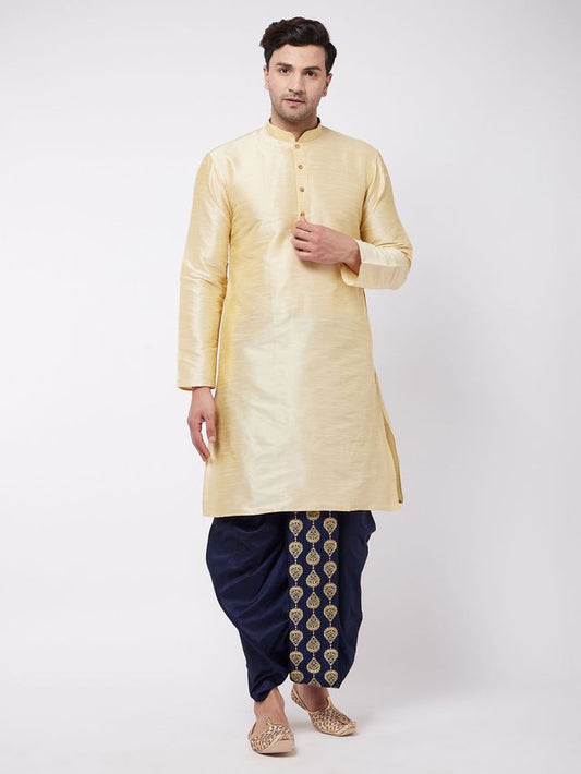 Men's Gold Silk Blend Straight Kurta and Dhoti Set
