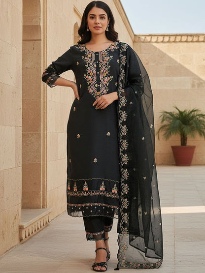 Women Floral Embroidered Regular Thread Work Kurta with Trousers & With Dupatta