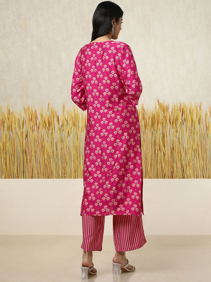 Dhiyona SO Women's Floral Printed Mirror Work Straight Kurta With Palazzos