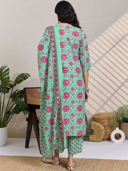Women Floral Printed Regular Mirror Work Kurta & Trousers With Dupatta