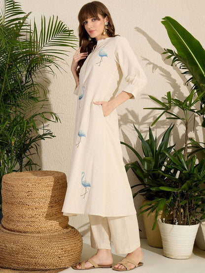 Dhiyona IE Embroidered Mandarin Collar A-Line Pure Cotton Kurta With Pants
