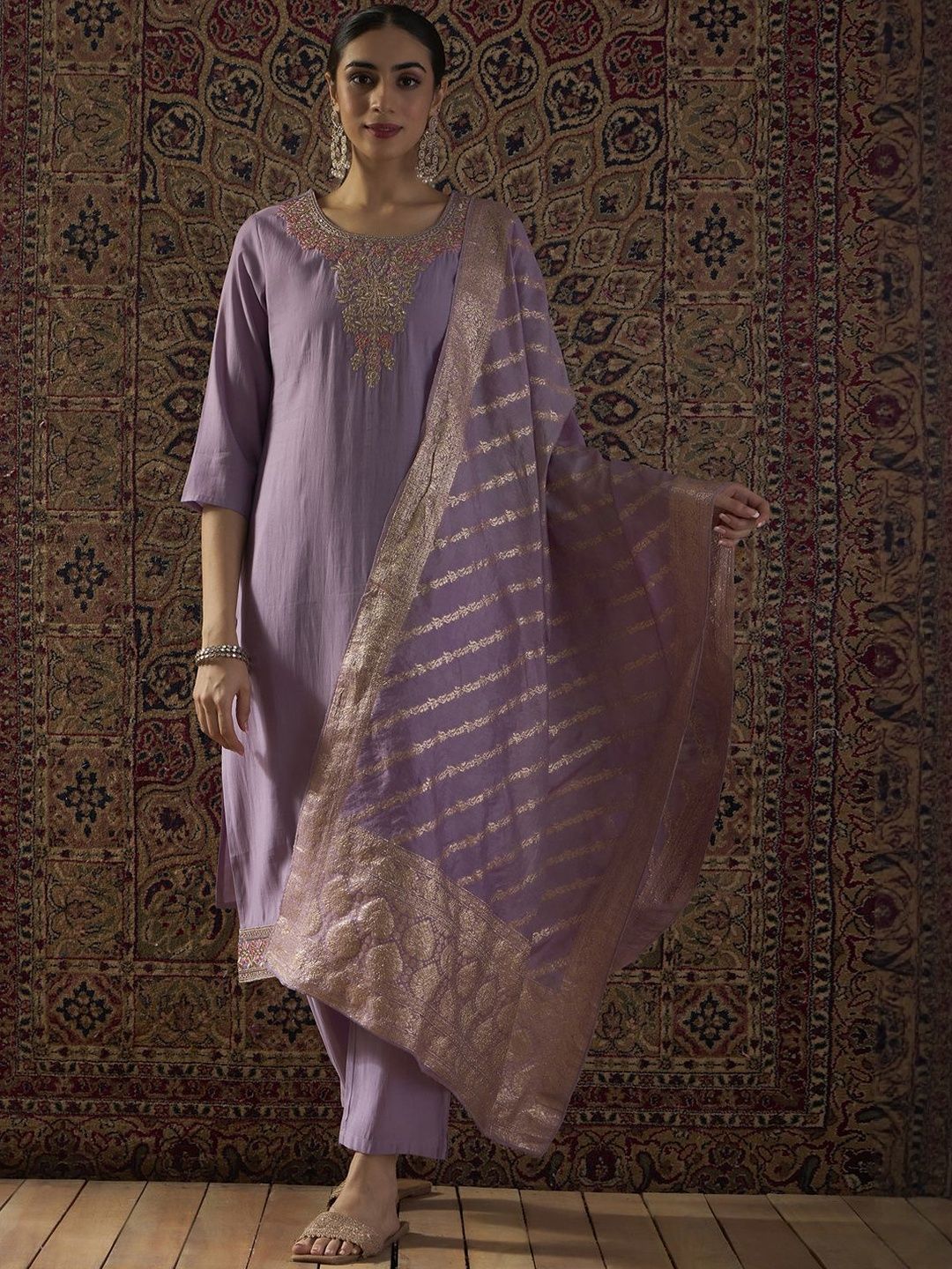 Ethnic Motifs Embroidered Thread Work Straight Kurta With Trousers & Dupatta