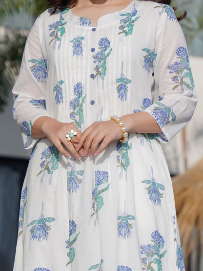 Dhiyona IE Floral Printed Round Neck Panelled A-Line Pure Cotton Kurta With Trousers