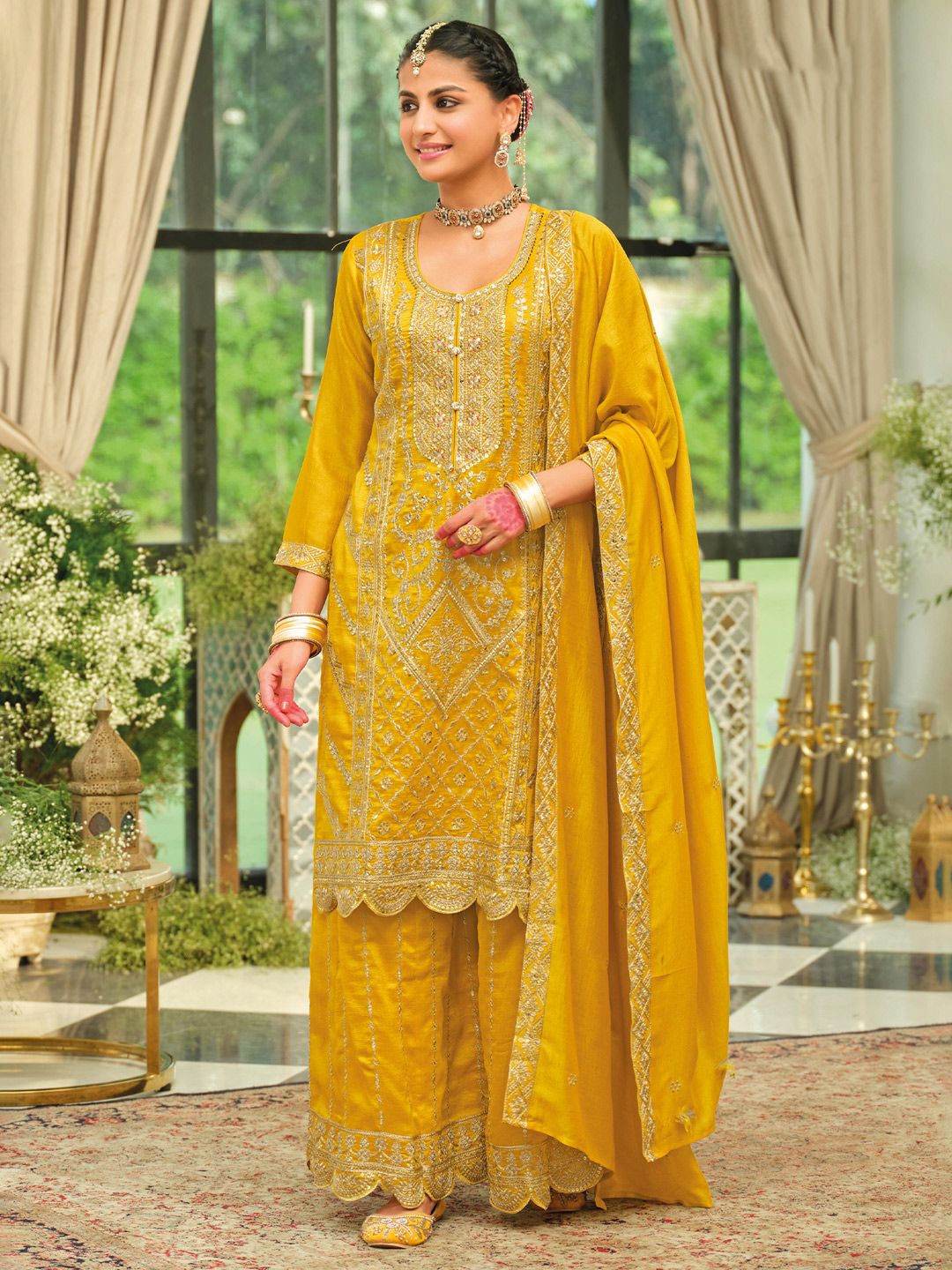 Ethnic Motifs Embroidered Round Neck Straight Kurta With Trousers & Dupatta