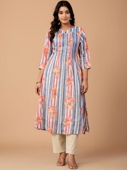 Striped Pure Cotton A Line Kurta With Trousers