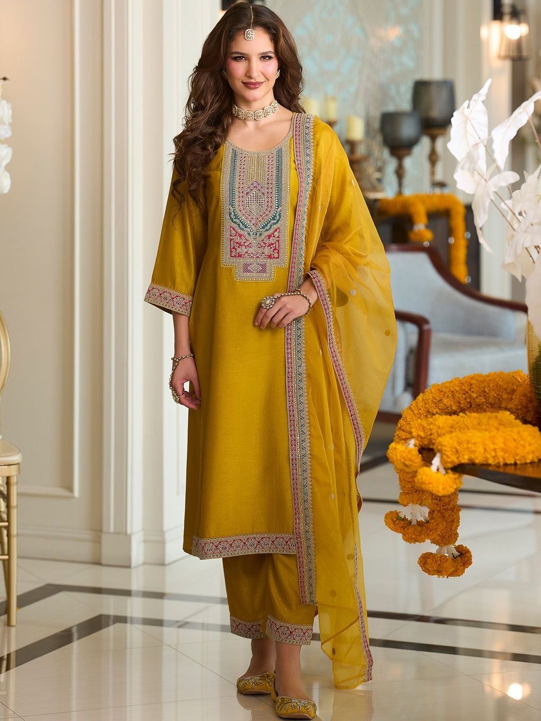 Women Ethnic Motifs Embroidered A-Line Kurta with Trousers & Dupatta