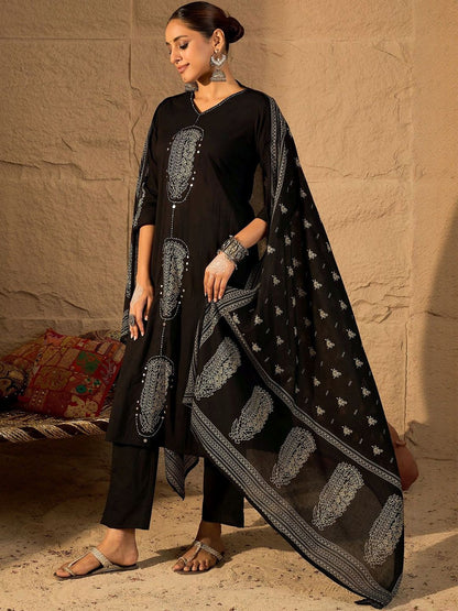 Women Ethnic Motifs Embroidered Cotton Kurta with Trousers & Dupatta