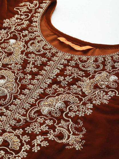 Dhiyona IE Floral Embroidered Velvet Kurta with Trousers & With Dupatta