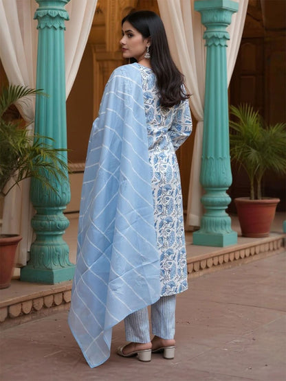 Floral Printed V-Neck Pure Cotton Kurta With Trousers & Dupatta
