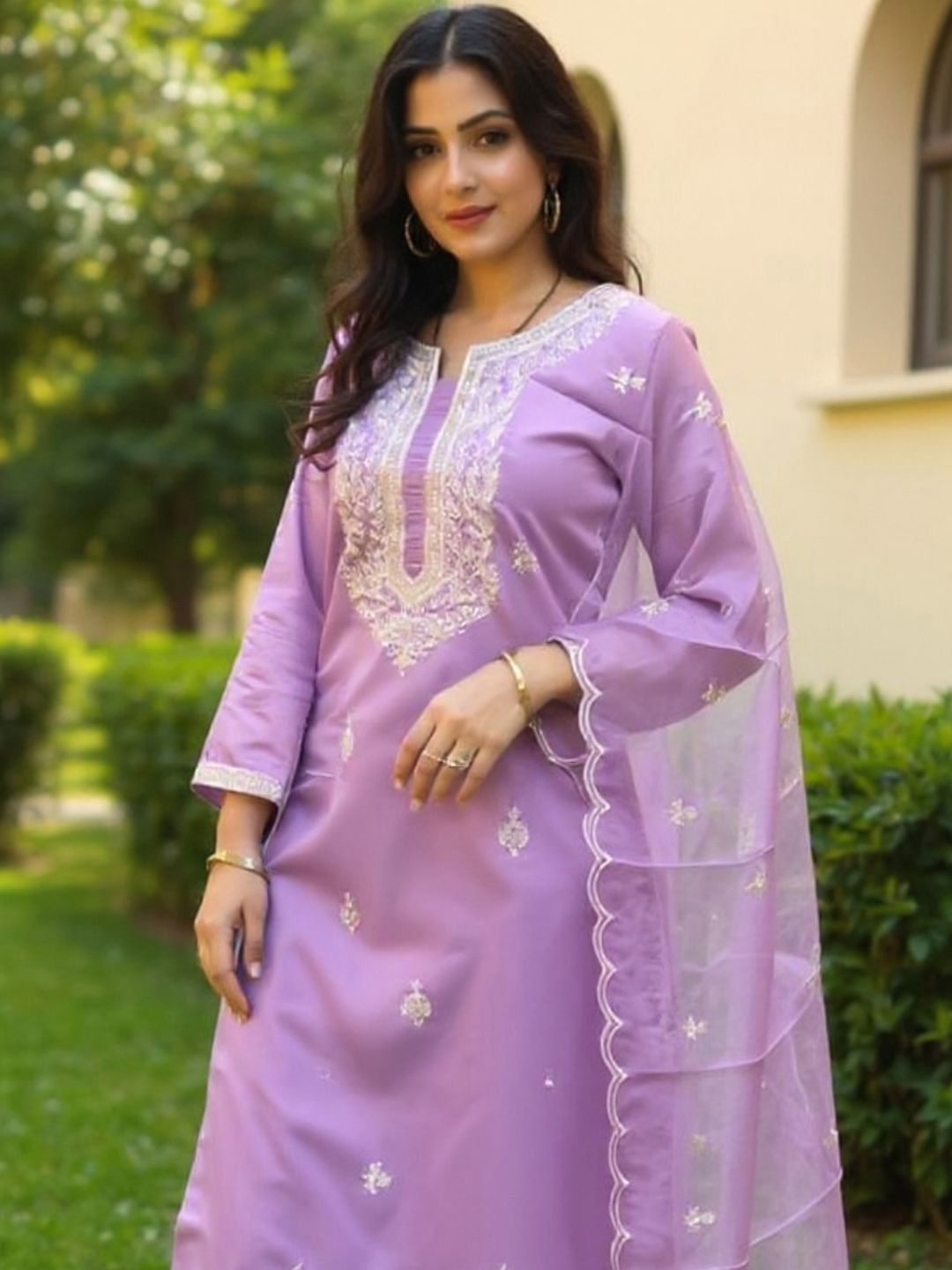 Dhiyona IE Ethnic Motifs Embroidered Notch Neck Sequinned Kurta With Trousers & Dupatta