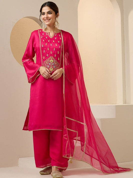Dhiyona IS Women's Floral Embroidered Yoke Design Notch Neck Kurta With Palazzos And Dupatta