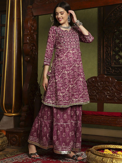 Dhiyona SN Women's Purple Floral Printed Notch-Neck Pure Cotton A-Line Kurta With Sharara & Dupatta.