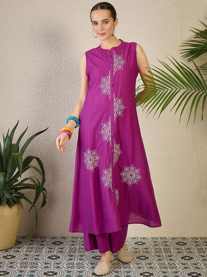 Dhiyona IE Floral Embroidered A-Line Pure Cotton Kurta With Trousers