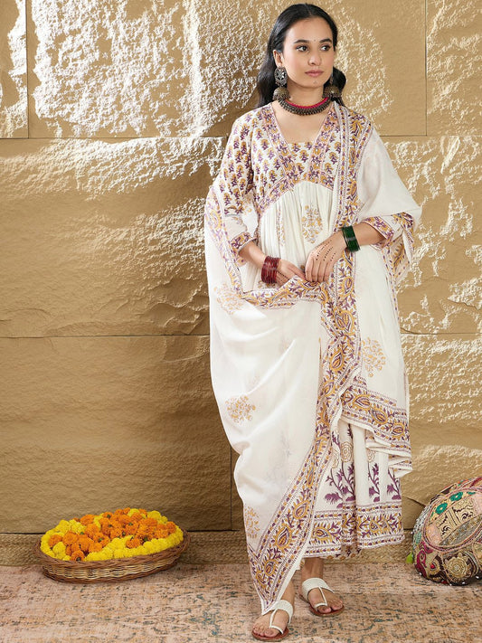 Dhiyona IE Women Ethnic Motifs Printed Empire Pure Cotton Kurta with Trousers & Dupatta