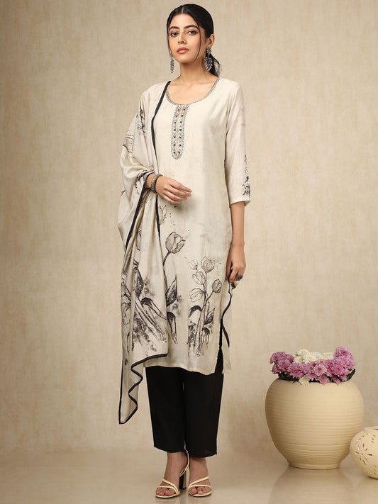 Dhiyona SO Women's Women Floral Printed Regular Beads and Stones Kurta with Trousers & With Dupatta