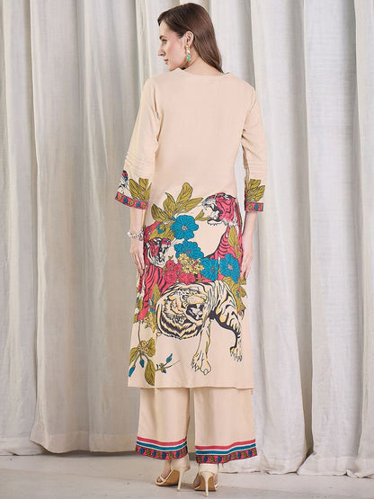 Dhiyona IE Printed Pure Cotton V-Neck Top With Palazzos Co-Ords