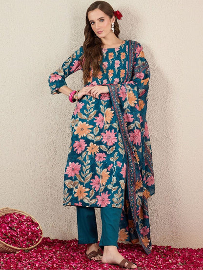 Women Floral Printed Regular Pure Cotton Kurta with Trousers & With Dupatta