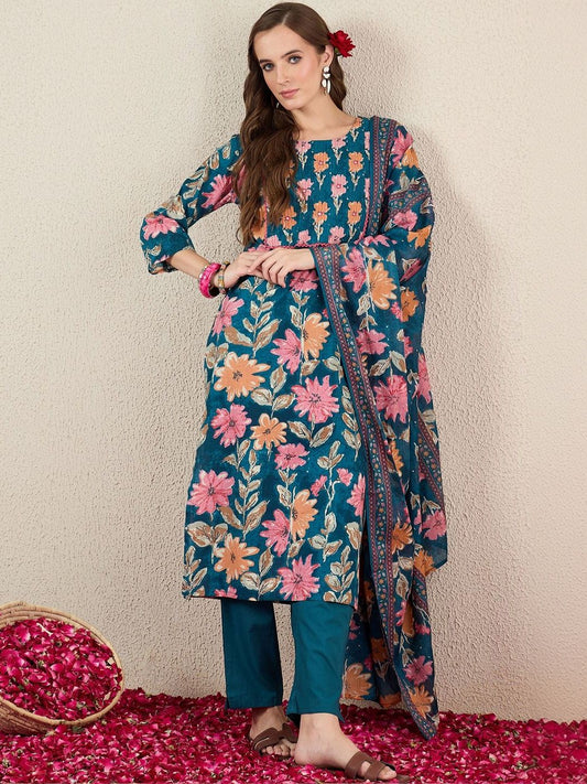 Women Floral Printed Regular Pure Cotton Kurta with Trousers & With Dupatta