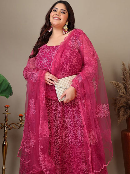 Dhiyona IN Women Plus Size Floral Embroidered A-Line Kurta with Trousers & Dupatta