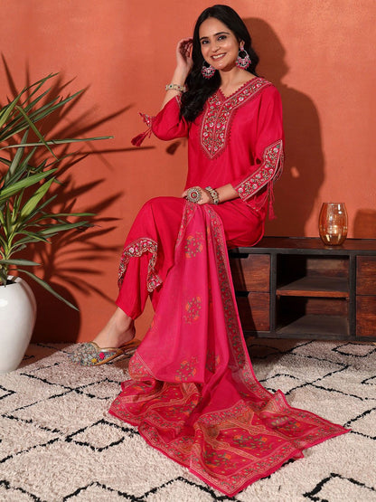 Dhiyona SN Women's Embroidered Straight Kurta With Trouser & Dupatta