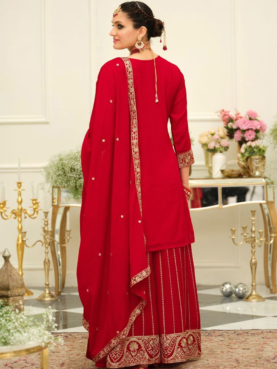 Ethnic Motifs Embroidered Mirror Work Straight Kurta & Palazzos With Dupatta