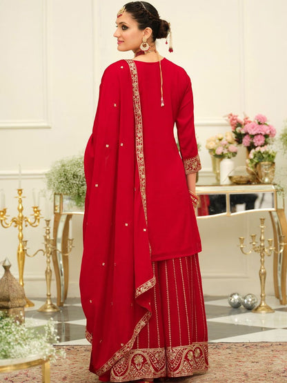 Ethnic Motifs Embroidered Mirror Work Straight Kurta & Palazzos With Dupatta