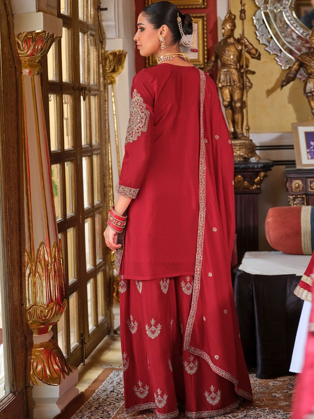 Ethnic Motifs Embroidered Chinon Beads & Stones Kurta With Palazzos & Dupatta