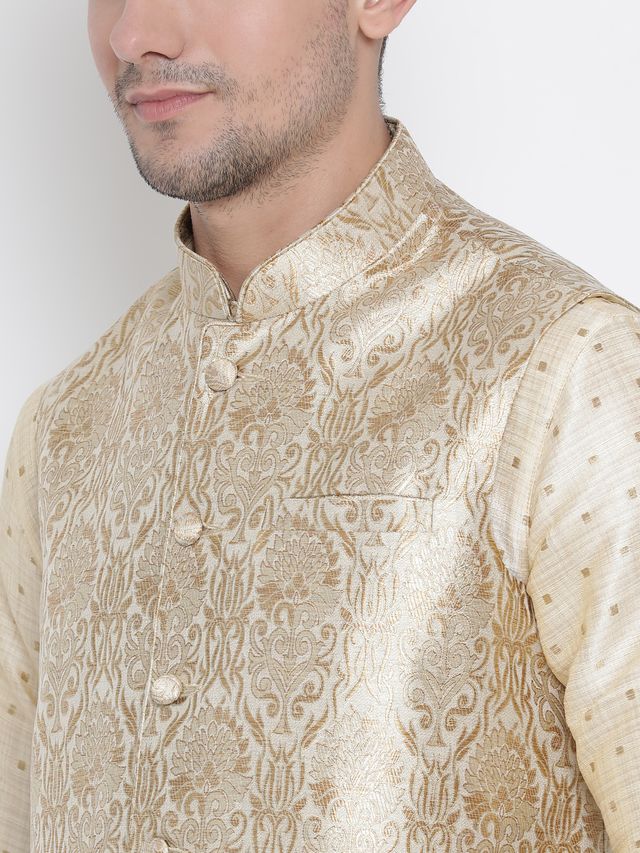 Men's Gold Silk Blend Straight Jacket  Kurta and Pyjama Set