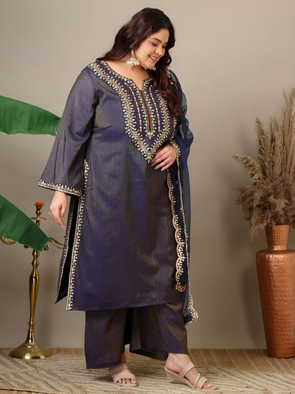 Dhiyona IN Ethnic Motifs Thread Work Straight Kurta With Palazzos & Dupatta