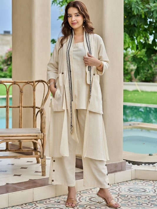 Women Solid Cotton Top with Palazzo & Jacket