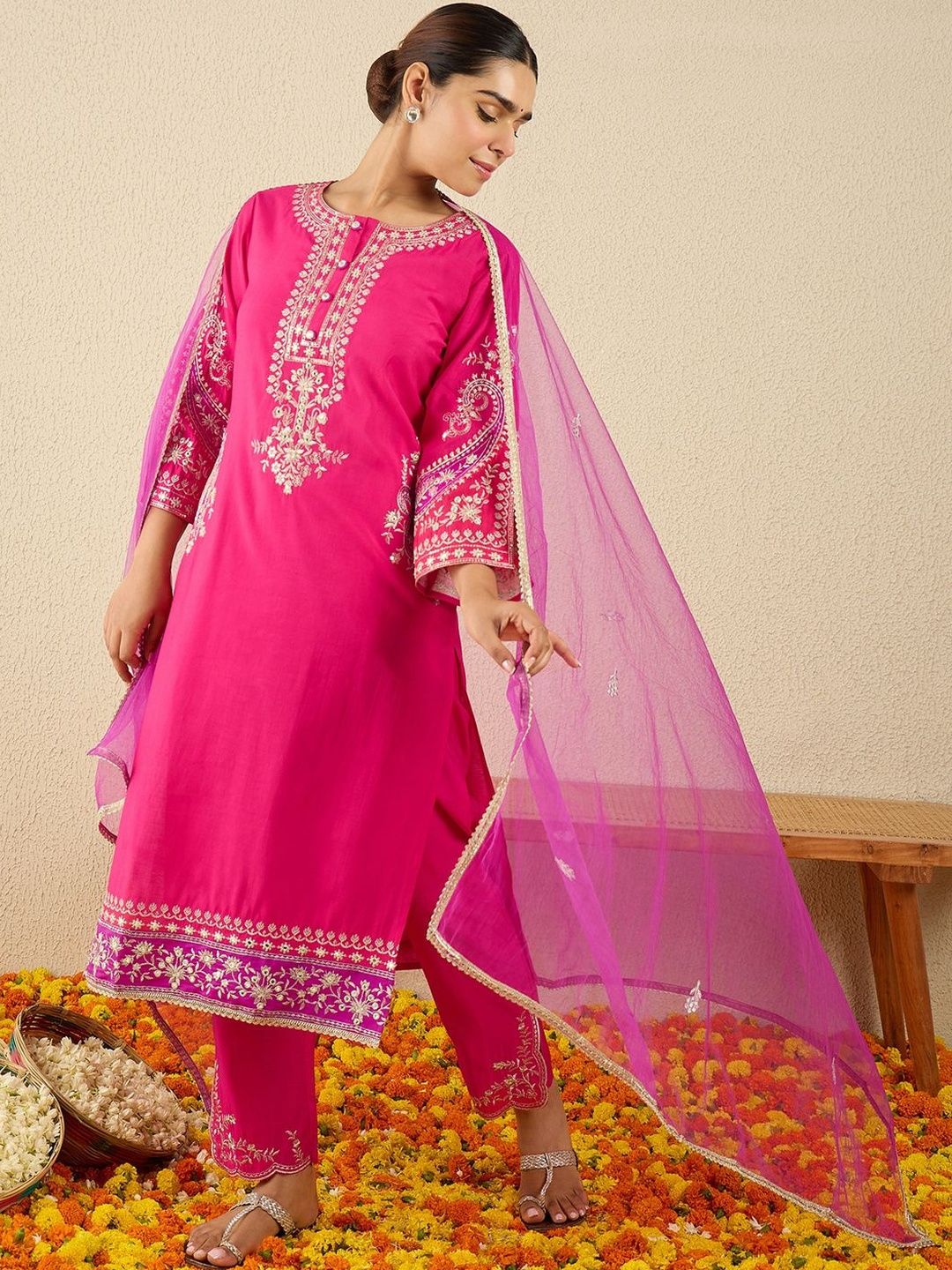 Floral Embroidered Thread Work Kurta With Trousers & Dupatta