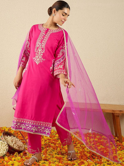 Floral Embroidered Thread Work Kurta With Trousers & Dupatta