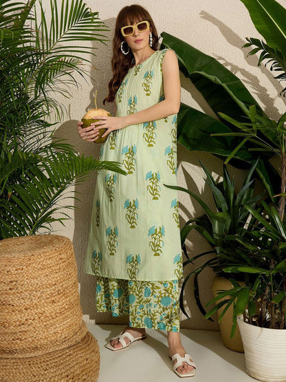 Dhiyona IE Women's Floral Printed Pleated Pure Cotton Kurta with Palazzos