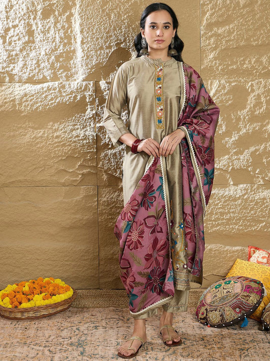 Dhiyona IE Women Floral Embroidered Regular Thread Work Kurta with Trousers & Dupatta