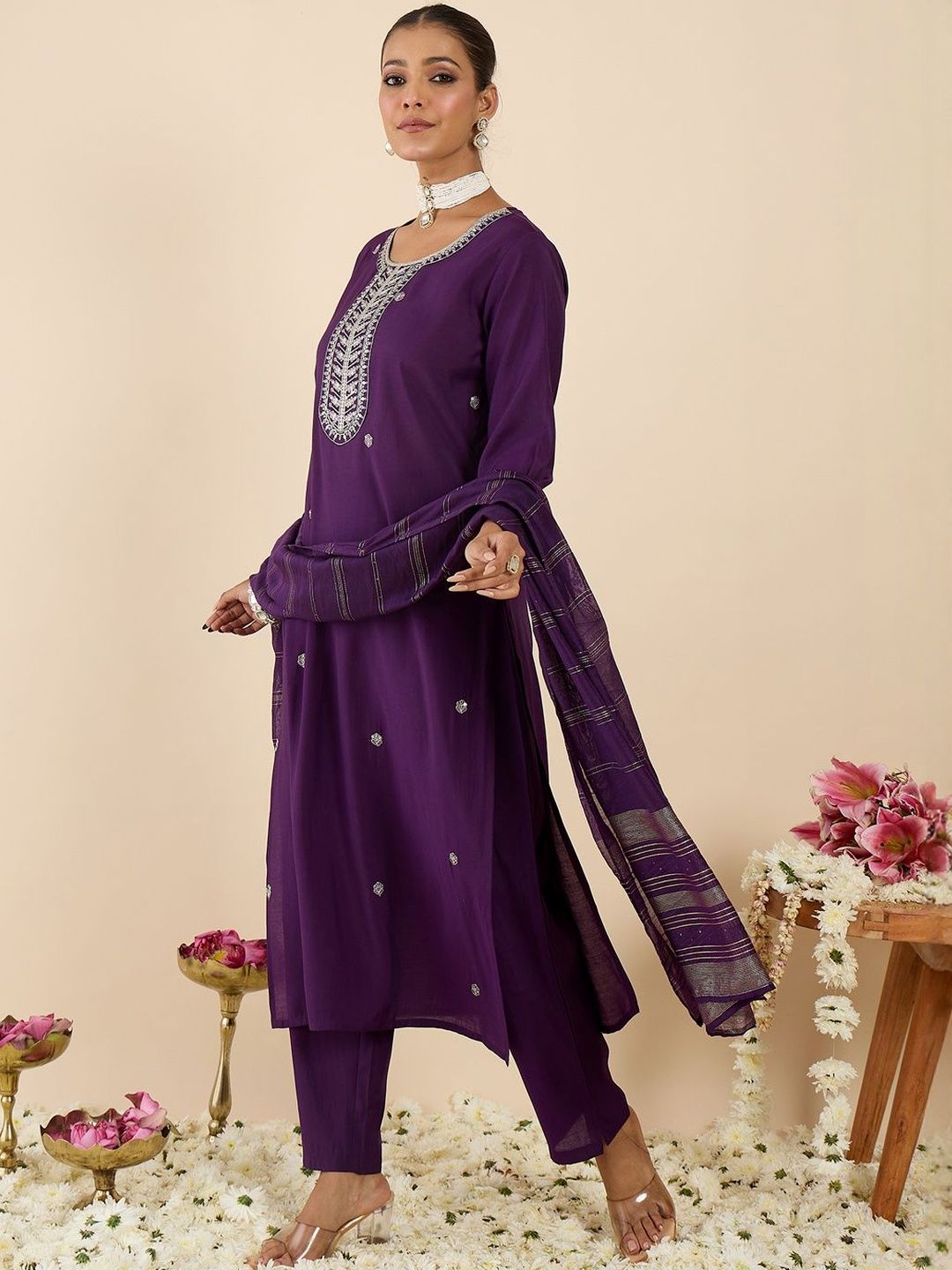 Women Ethnic Motifs Embroidered Regular Thread Work Kurta with Trousers & With Dupatta