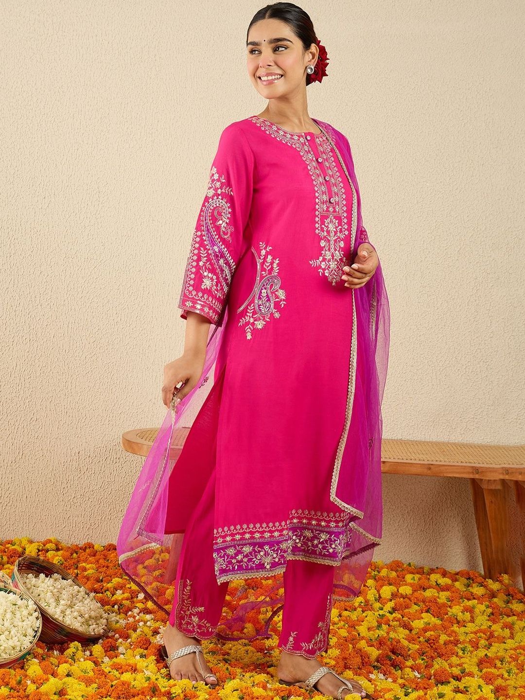 Floral Embroidered Thread Work Kurta With Trousers & Dupatta