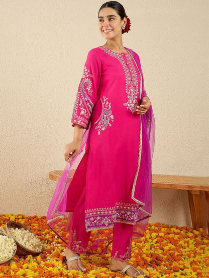 Floral Embroidered Thread Work Kurta With Trousers & Dupatta