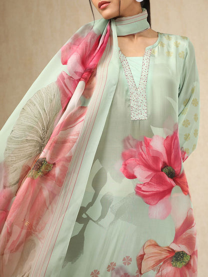 Dhiyona SO Women's Floral Printed Beads And Stones Mandarin Collar Straight Kurta With Trouser & Dupatta