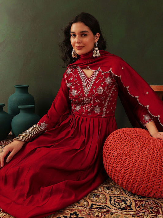 Dhiyona SN Women's Maroon Floral Embroidered Sequinned Anarkali Kurta With Trouser & Dupatta