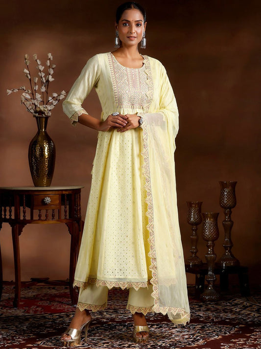 Dhiyona LB Women's Ethnic Motif Embroidered Sequinned Pure Cotton Anarkali Kurta With Trouser & Dupatta