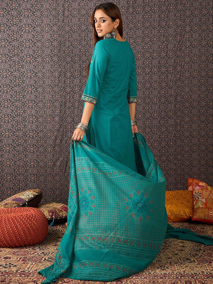 Women Embroidered Straight Kurta Trousers With Dupatta Set