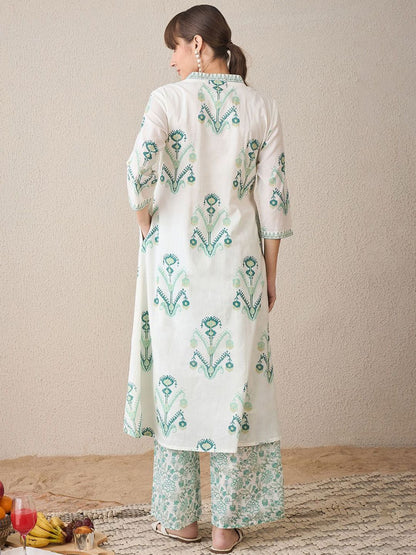 Dhiyona IE Women Floral Printed Regular Sequinned Pure Cotton Kurta with Palazzos
