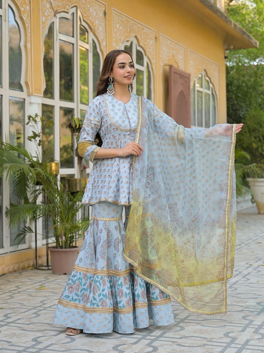 Dhiyona KL Women Blue Viscose Rayon Kurti With Sharara & Dupatta