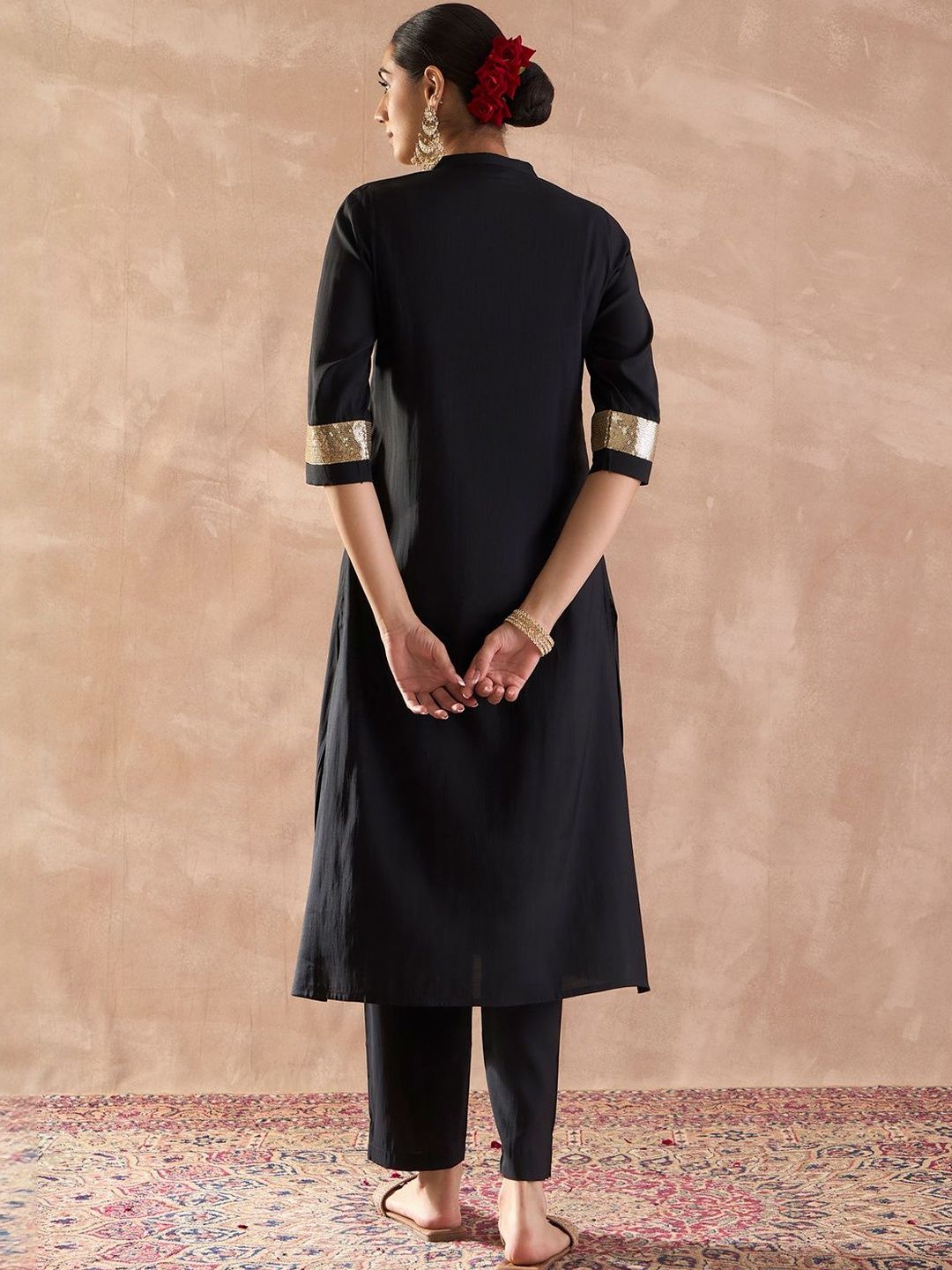 Embroidered Sequinned Straight Kurta With Trousers