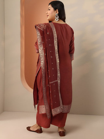 Dhiyona Women's Plus Size Ethnic Motifs Embroidered Kurta with Trousers & Dupatta