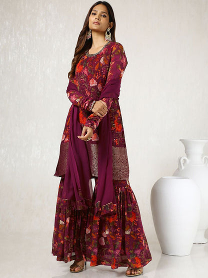 Dhiyona SO Women's Maroon Floral Printed Mirror Work Kurta With Sharara & Dupatta