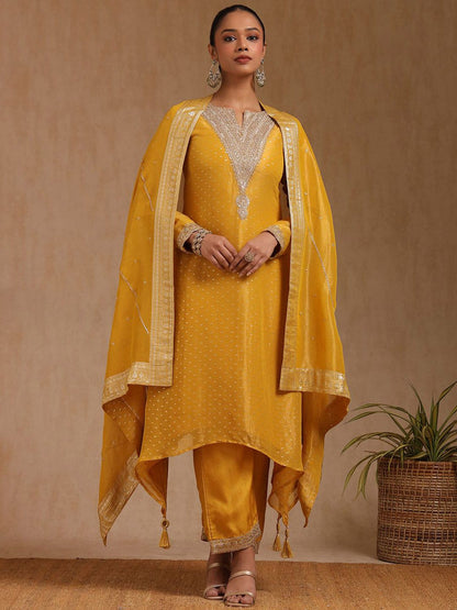 Dhiyona SO Women's Woven Design Ethnic Motifs Sequinned Straight Kurta with Trouser & Dupatta